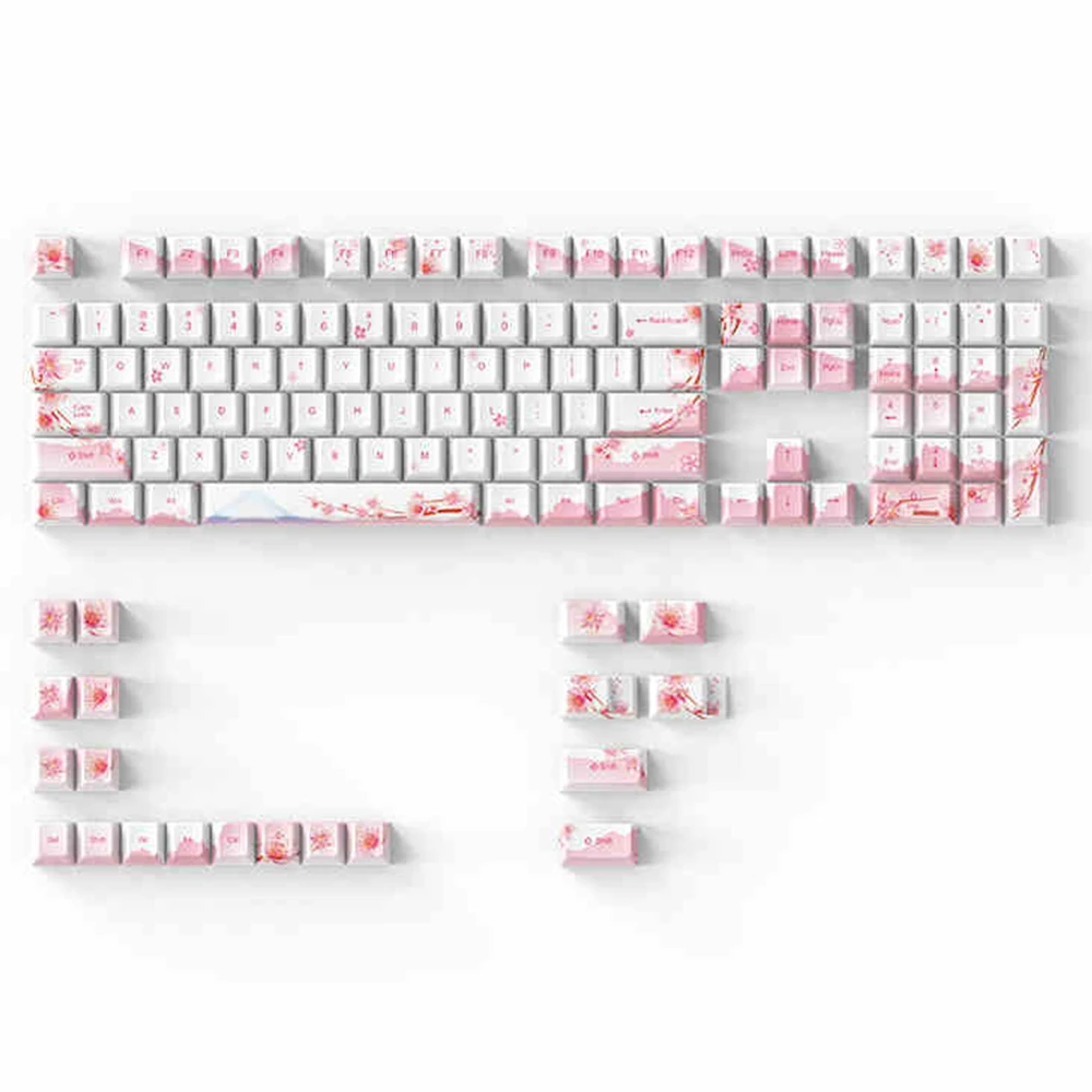 غطاء مفاتيح باللون الأبيض والوردي من فوجي جبل ساكورا لالكرز Mx Gateron Kailh صندوق TTC لوحة مفاتيح ميكانيكية غطاء مفاتيح PBT