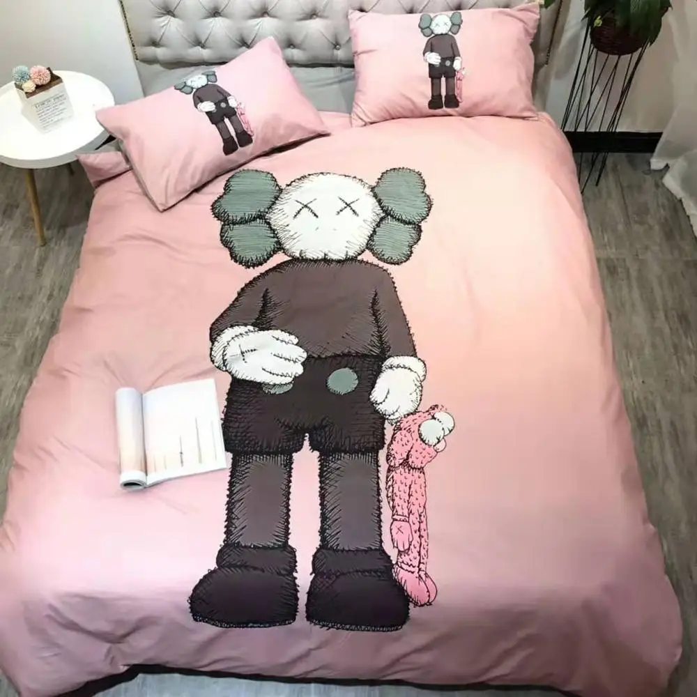 

4PCS White Cartoon Duvet Cover Set Cotton Scarecrow Bedding Set Bed Line Queen Size with Flat Sheet/Quilt Cover/Pillowcase Pink