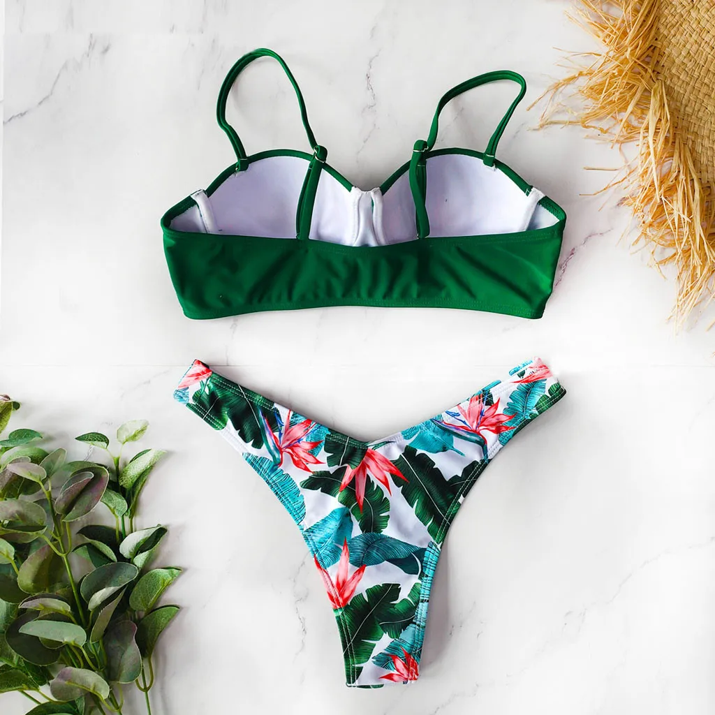

Women Floral Beachwear Two Pieces Swimsuit Push Up Bikinis Female Sexy biquini Strapless Summer Ladies Split High Waist Biquini