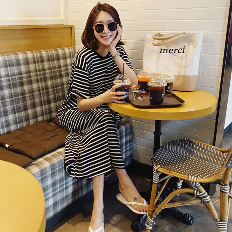 

2022 New Fashion Stripe Dress Women Spring Summer Loose Plus Size Women's Clothing Short Sleeve Women's Mid Length Skirts