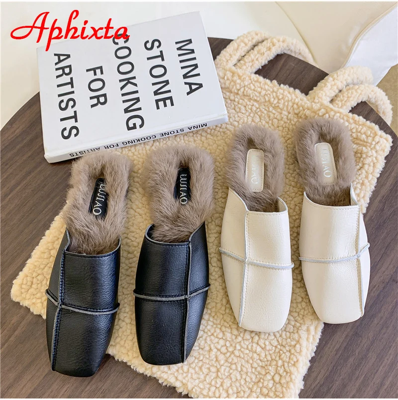 Aphixta/зимние теплые женские шлепанцы с натуральным кроличьим мехом; женские пушистые тапочки; женские шлепанцы на плоской подошве с квадратным носком