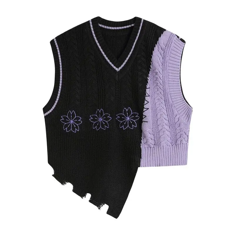 

Women's Patchwork Sweater Knitted Vests Loose Casual Female Hip Hop Gothic Streetwear Harajuku Vintage Sweaters Asymmetry Jumper