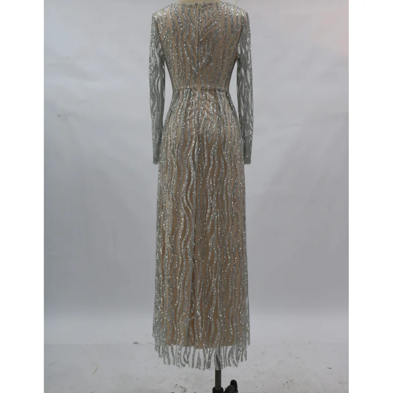 

Elegant Rhinestone Dress Sexy Full Sleeve V neck See through Pleated Long Dress