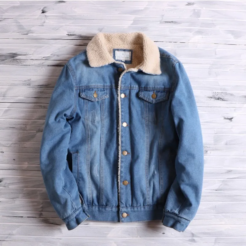 

Japan Style Vintage Men Cotton Washed Slim Warm Denim Jacket High Street Winter Thicken Single Breasted Cowboy Coat Outerwear