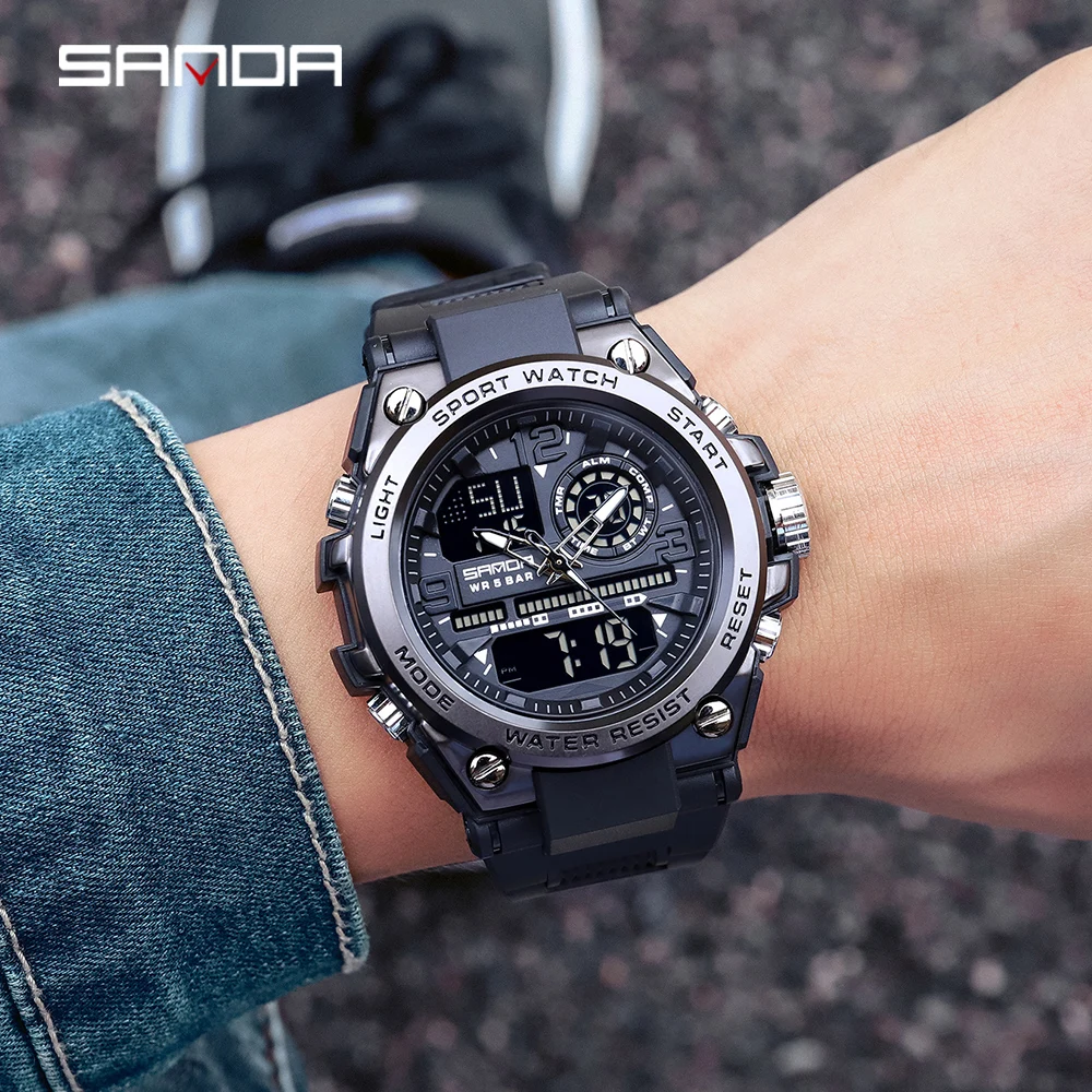 

SANDA Sports Men's Watch Dual Display Digital LED Quartz Wristwatch Waterproof Military Gold Watches montre homme Dropshipping