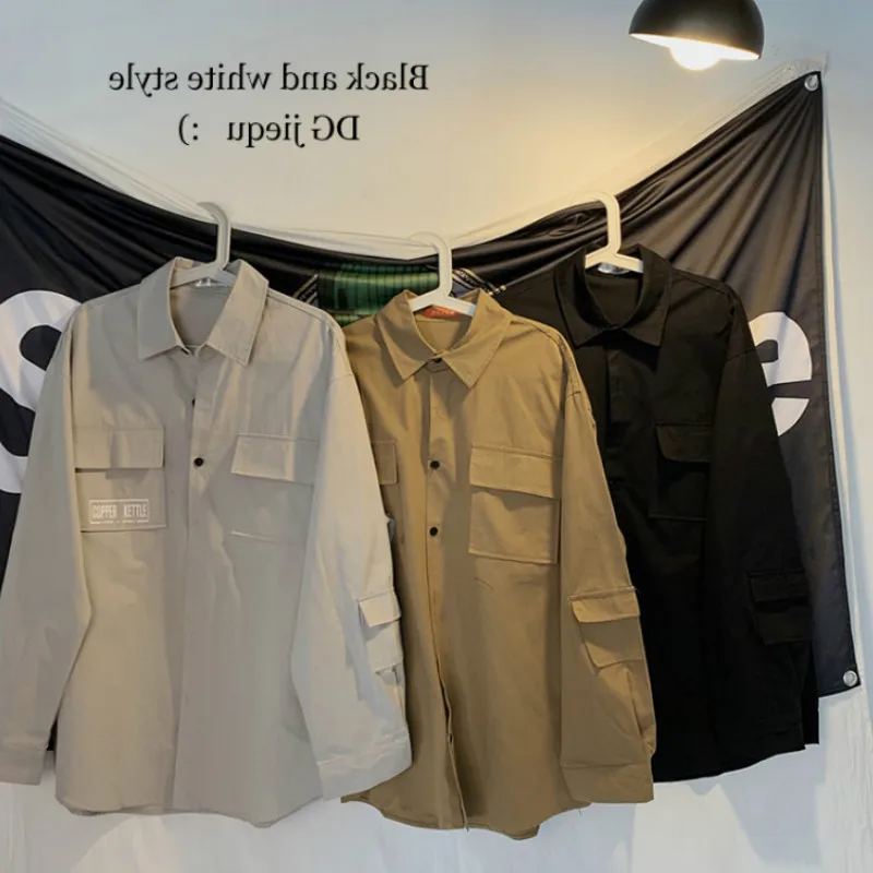

Windbreak Jackets Men Cargo Shirts Loose Hip Hop Korean Fashion Long Sleeved Harajuku Patchwork Outwear Mens Letter Printed Chic