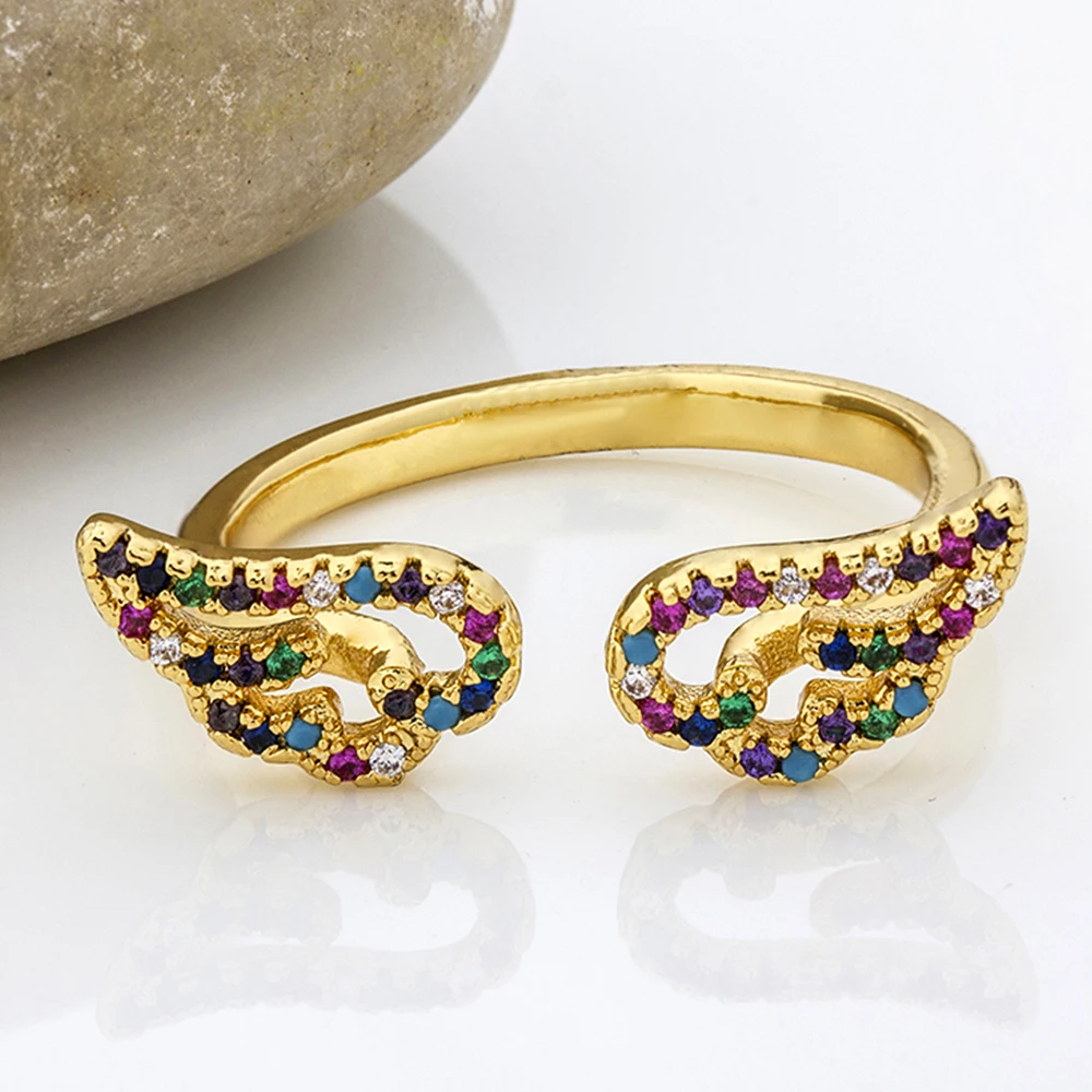 Винтаж Золотая радужная крыло кольцо для женщин с украшением в виде кристаллов