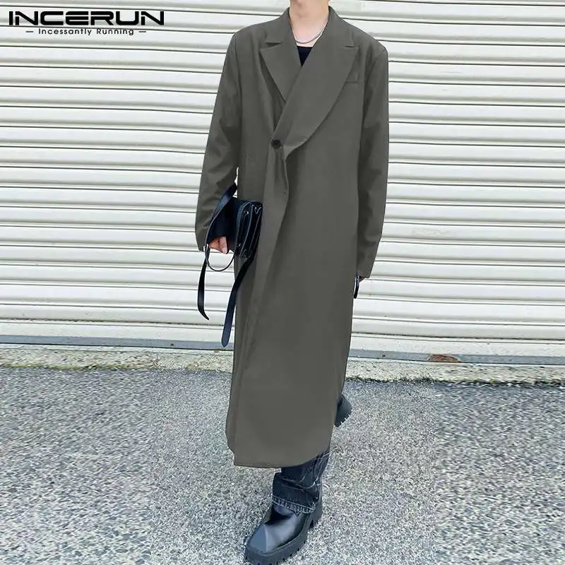 

2022 Fashion Men Trench Solid Color Lapel Long Sleeve One Button Long Coats Streetwear Baggy Casual Windbreaker S-5XL INCERUN