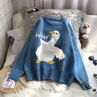korean casual round neck pullover pull oversize japanese women sweet lovely winter cartoon goose printed knitted sweater female