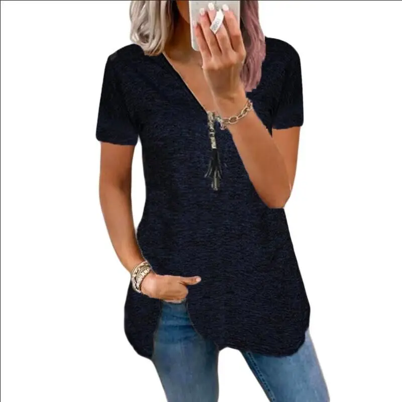 

2021 The New V-neck Tassel Zipper Solid Color Long T-Shirt Women's Clothing