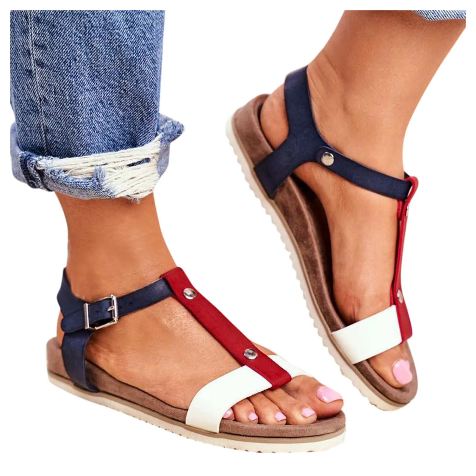 

sandals Women Casual Large Size Flat Color Matching Buckle Fish Mouth Sandals 2021 Summer New Non-slip Beach Shoes