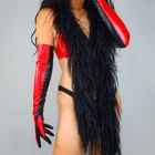 Женские длинные перчатки из искусственной кожи, черные, красные двухцветные перчатки из искусственной кожи с имитацией овчины для сенсорного экрана, 60 см, WPU338