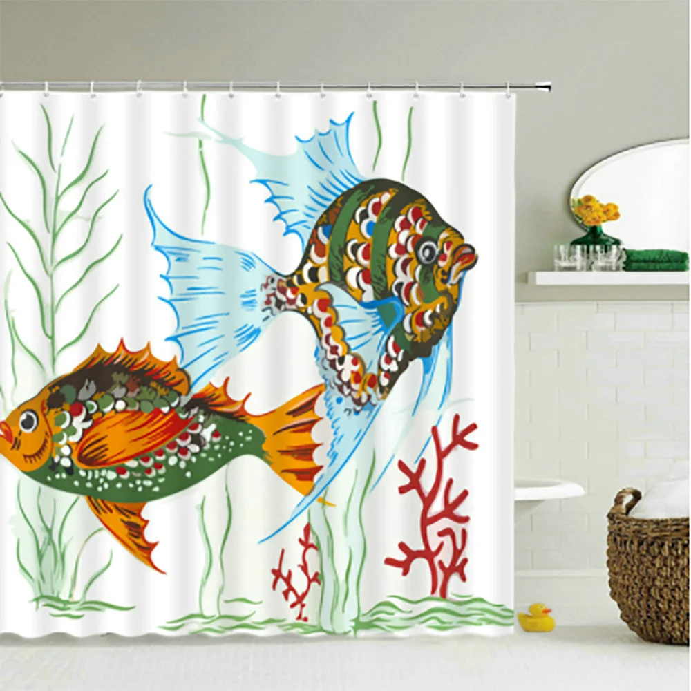 Funny Cartoon Ocean Animal Shower Curtain Dolphin Fish Jellyfish Octopus Whale Shark Crab Creative Bathroom Home Decor Curtains | Дом и сад