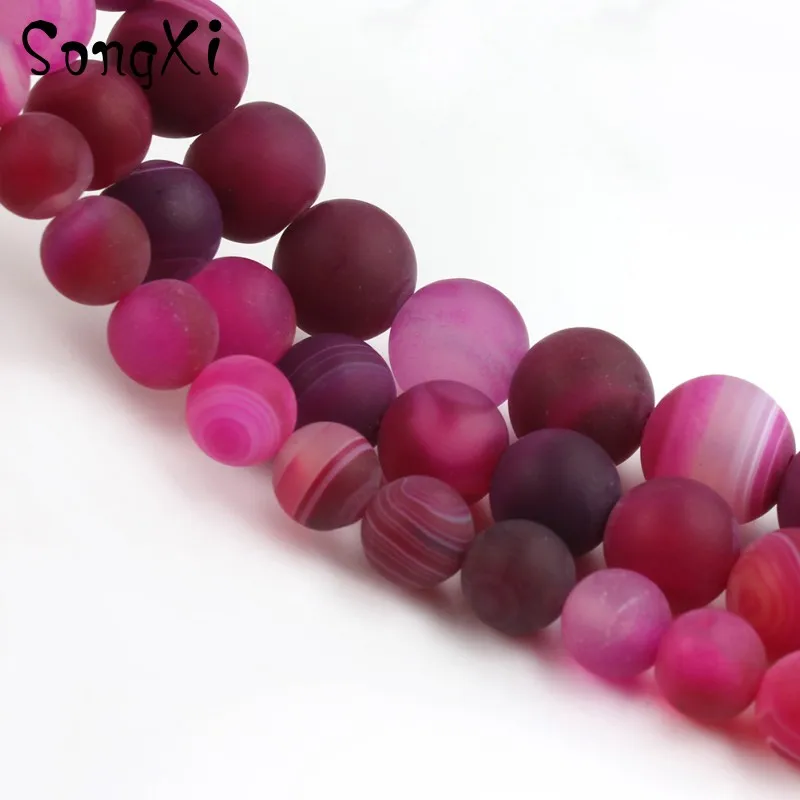 Natural Fuchsia Dull Polish Matte Stripe Agates Stone Round Beads for Jewelry Making Diy Bracelet Necklace 4 6 8 10 12mm 15 Inch | Украшения