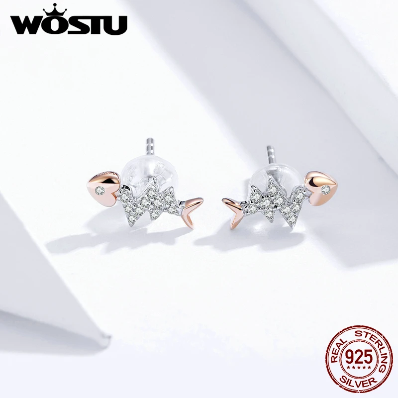 WOSTU 100% настоящее 925 пробы серебряные серьги-гвоздики в форме рыбьей кости для