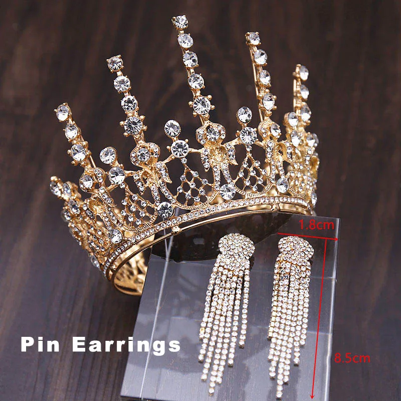 Gold Crown Ear Pin Свадебные комплекты ювелирных изделий барокко круглый набор с тиарой полный круг Корона Ожерелье Серьги Королева Принцесса пышный день рождения корона ребенок - Окраска металла: Gold Crown Ear Pin