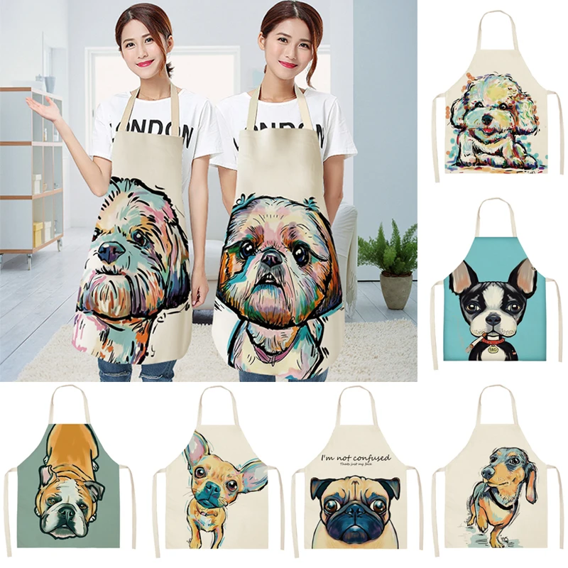 

1Pcs Home Cleaning Tools Dog Printed Kitchen Aprons Sleeveless Cotton Linen Pinafore