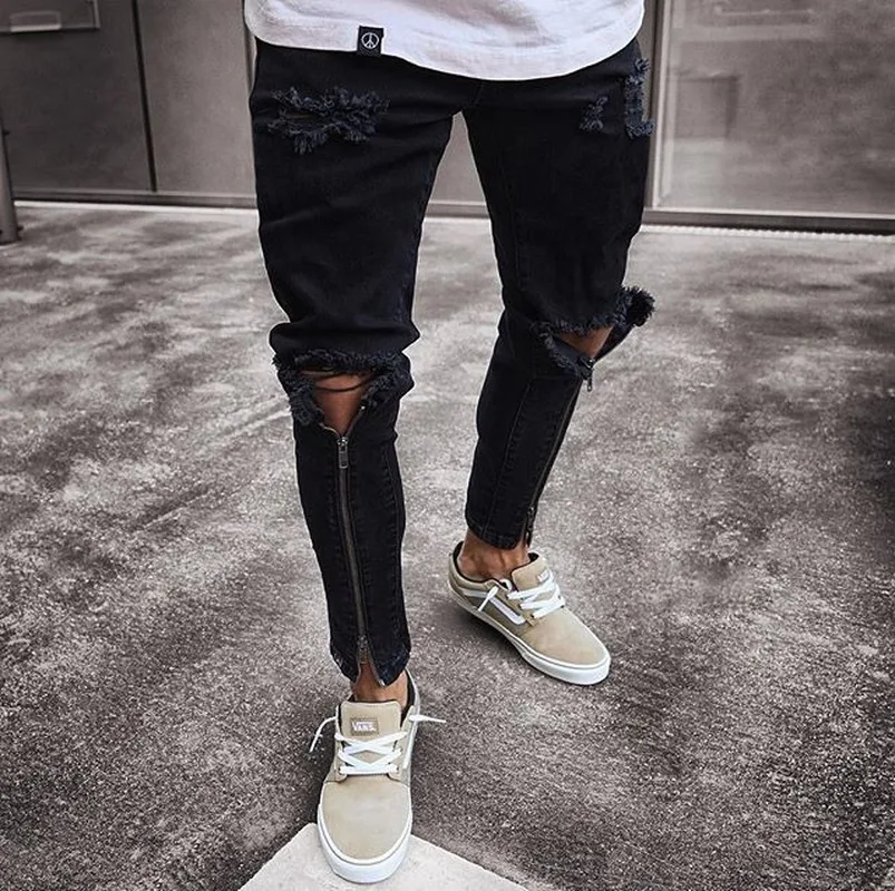 

E-BAIHUI Hot Sale Men's Jeans Black Zipper Slim Pants Fashion Trend Hip Hop Street Biker Pants Jeans Men