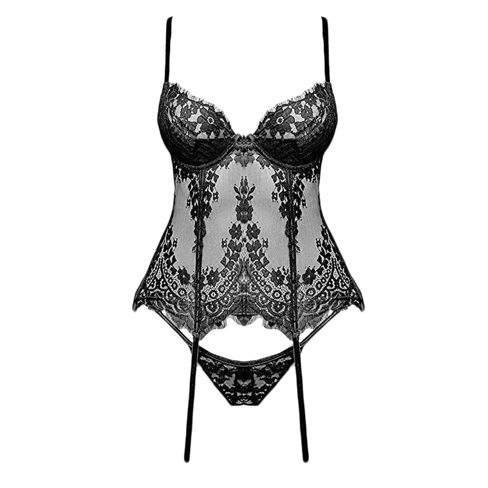 

Lingerie Women Babydoll Lace V Neck Mesh Sleepwear Lingerie With Thong Garter comfortable sexy charm lace underwear top