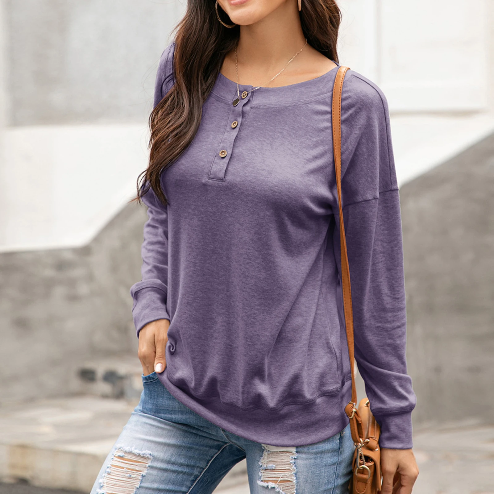 

Autumn Women Long Sleeve Round Neck Solid Color Blouse Button Loose Tunic Top Women's Clothing ropa de mujer 2020