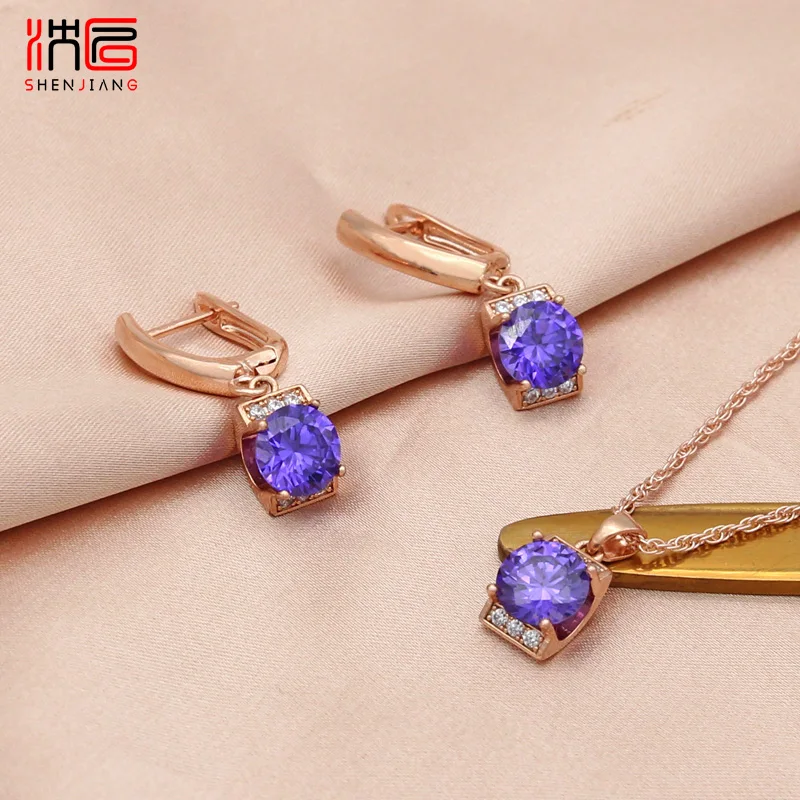 

SHENJIANG New 2022 Fashion Colorful Round AAA Cubic Zirconia Dangle Earrings Jewelry Sets For Women Elegant Pendant Necklace