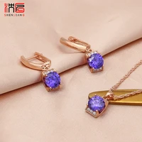 shenjiang new 2022 fashion colorful round aaa cubic zirconia dangle earrings jewelry sets for women elegant pendant necklace