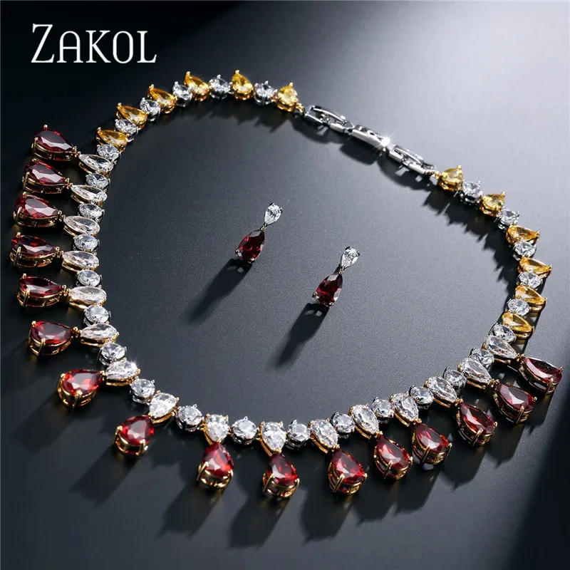 ZAKOL Роскошные висячие серьги из кубического циркония Кулон Ожерелье Набор