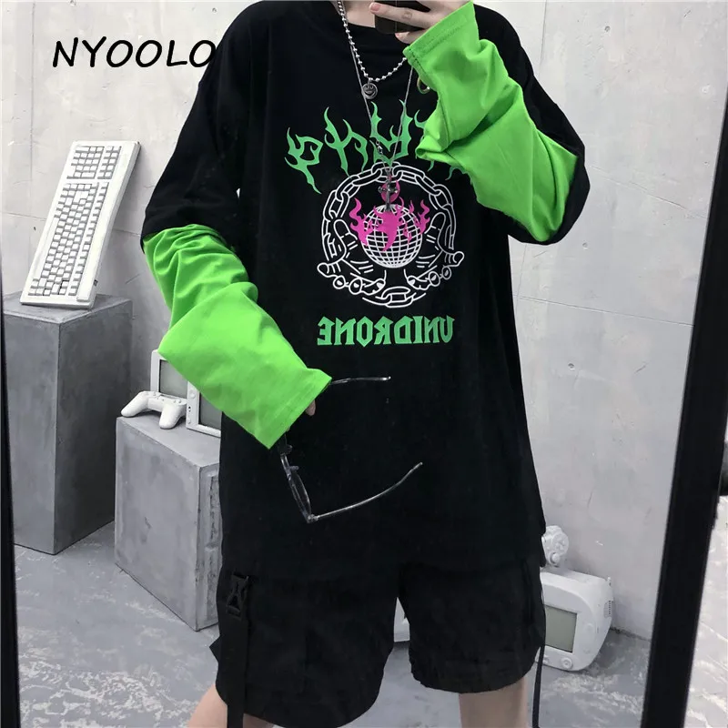 NYOOLO Harajuku флуоресцентный зеленый принт с буквами Поддельные 2 шт. Лоскутная футболка Осенняя уличная футболка с длинными рукавами для женщин и мужчин Топ