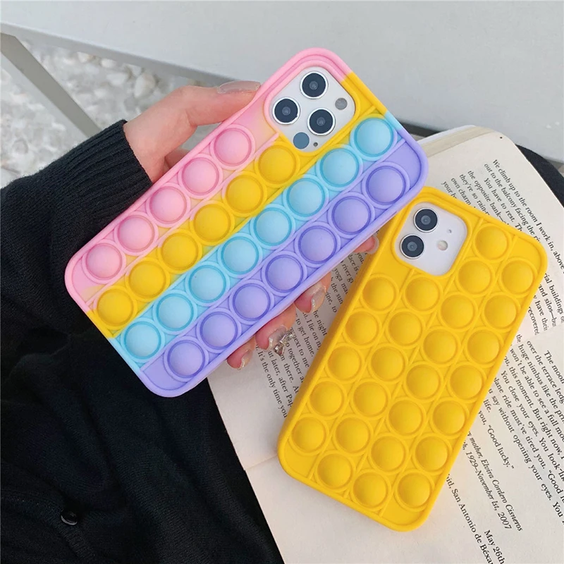 

Fidget Toys Push It Bubble Relive Stress Phone Case for Iphone 11 12 Pro Max 6 s 7 8 Plus SE2 X XR XS Max Rainbow Silicone Cover