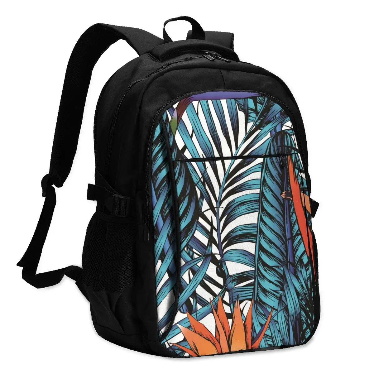 Рюкзак USB зарядка Женский Синий Тропический листья Пальма птица в раю рюкзак