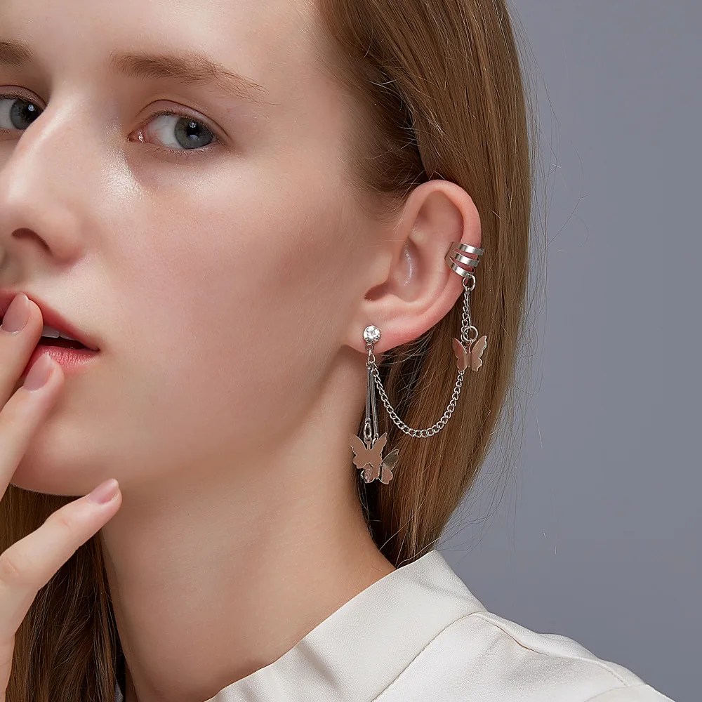 

2020 New Kpop Tassel Butterfly Earrings Ear Bone Clip Women's Earrings One Ear Stud Earrings Party Fashion Jewelelry