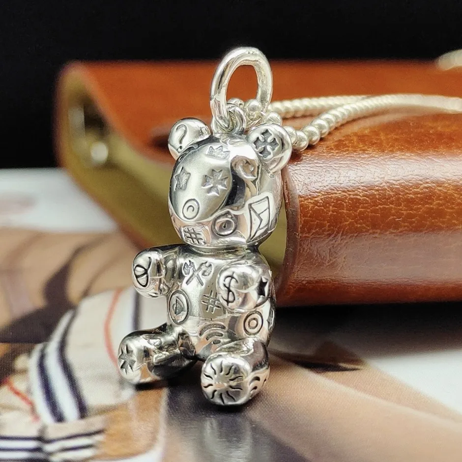 

100% s925 sterling silver bear pendant trendy Hong Kong style men and women tide brand handmade smooth graffiti bear pendant