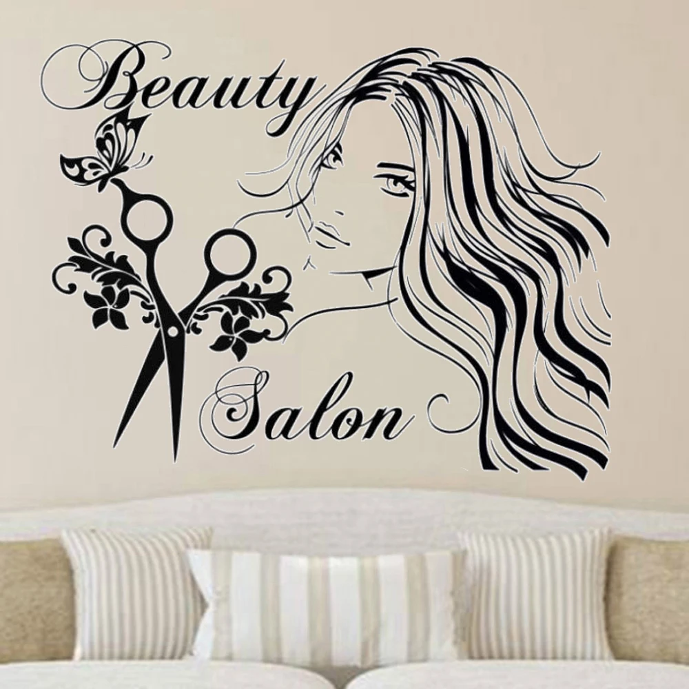 

Hairdressing Wall Decals Beauty Salon Vinyl Window Stickers Scissors Butterfly Fashion Beauty Salon Decor Art Murals DW9858