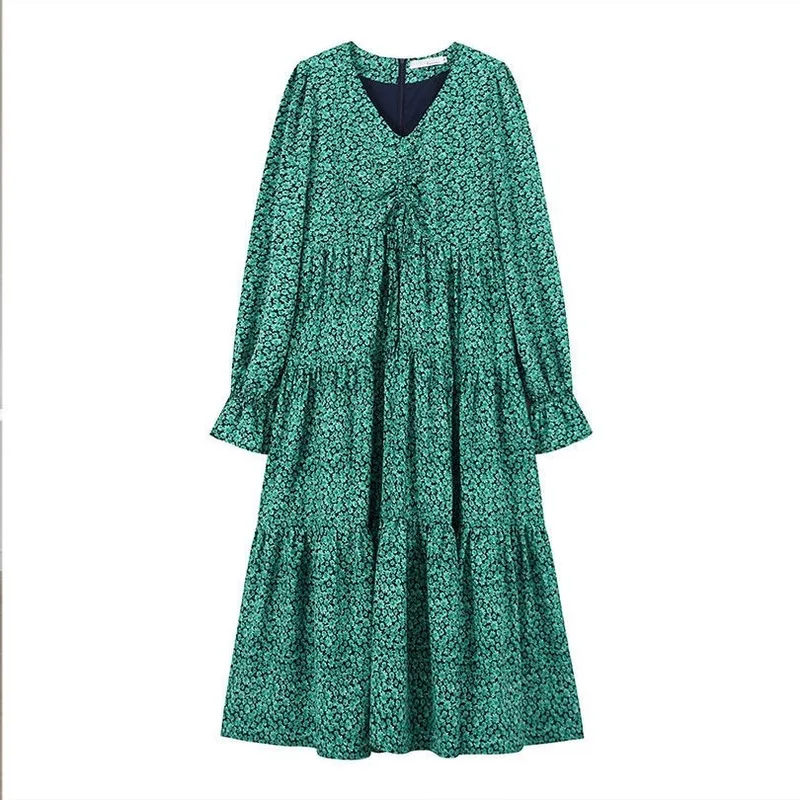 

Korean Fashion Retro Lake Green V-neck Floral Dress Women 2021 Spring Autumn Long Sleeve Lace-up Mid-calf A-line Dresses Y373