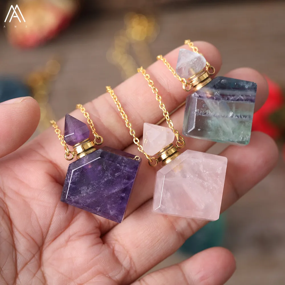 Fashion Women Natural Stone Essential Oil Jewelry Lapis Lemon Quartz Fluorite Perfume Bottle Pendant Necklace For | Украшения и