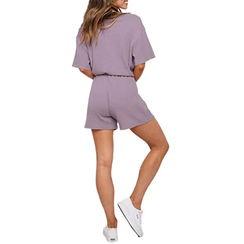 

FORERUN Women Tracksuits Solid Two Piece Short Set V Neck Short Sleeve T Shirts Summer Sports Office Two Mile Wear Home Suits