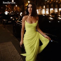 smileven yellow chiffon a line prom dresses strapless pleats side slit ankle length party formal gowns sexy lady normal wear