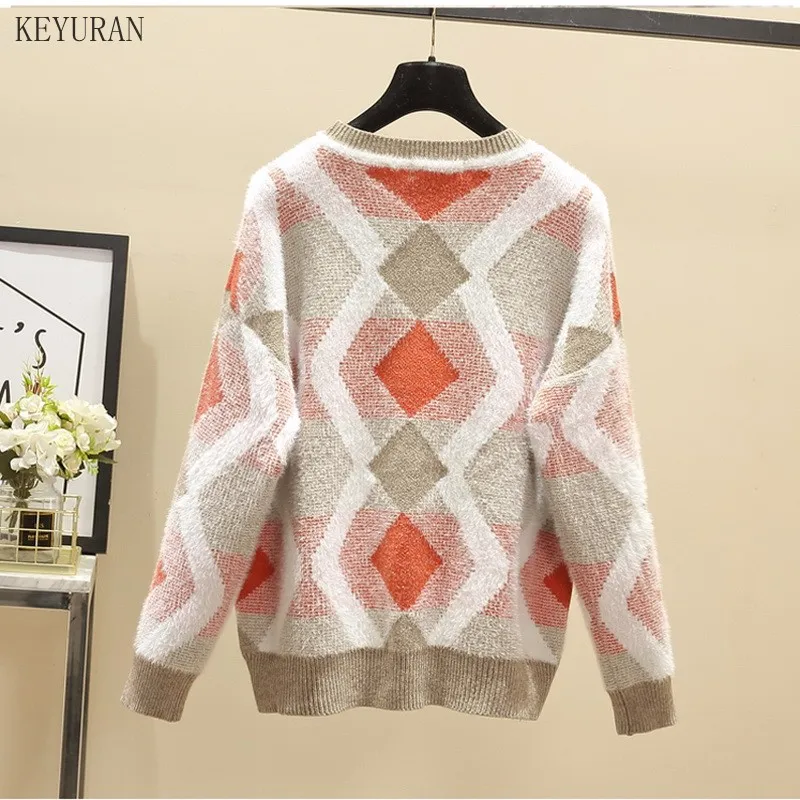 

2021 Autumn Winter Mohair Thick Sweater Women Knitted Pullover Sweaters Plus Size Loose Jumper Warm Argyle Sweater Pull Femme