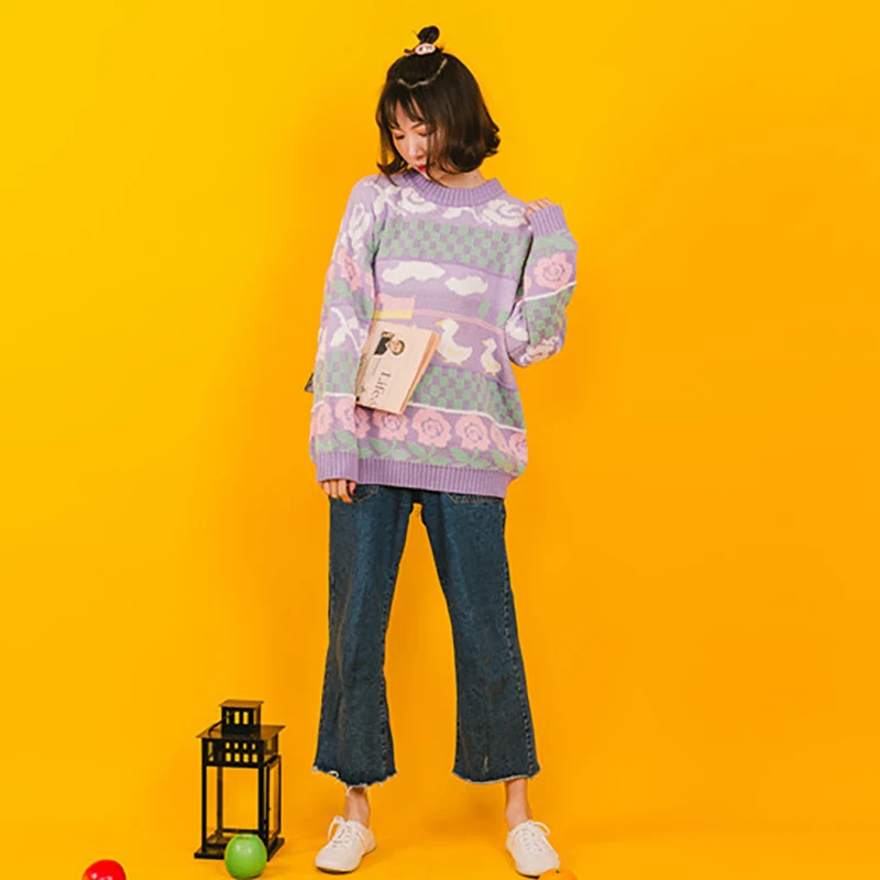 Autumn New Design Women Sweet Pullover Sweaters Crew Collar Ladies Loose Knitwear Jumpers Tops Cuet Ducks Flower Knitted | Женская