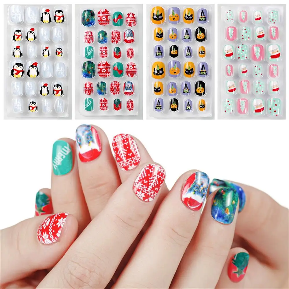 

24PCS/Lot Children's gifts Nails Art Stick On Nails Reusable Press on Nails False Nail Tips Full Cover Fake Nails