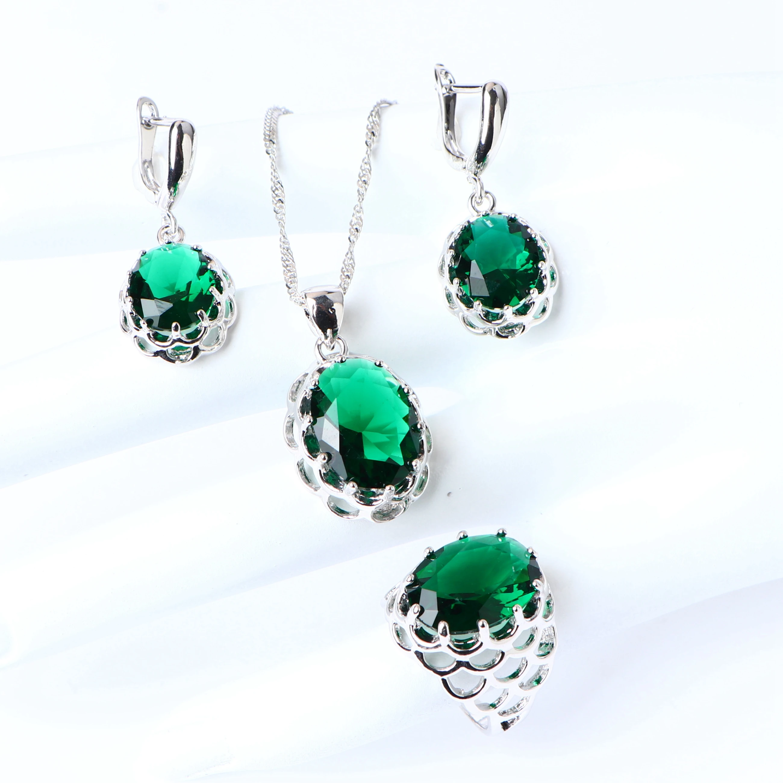 Зеленый кубический цирконий 925 костюмы серебряные украшения наборы для женщин