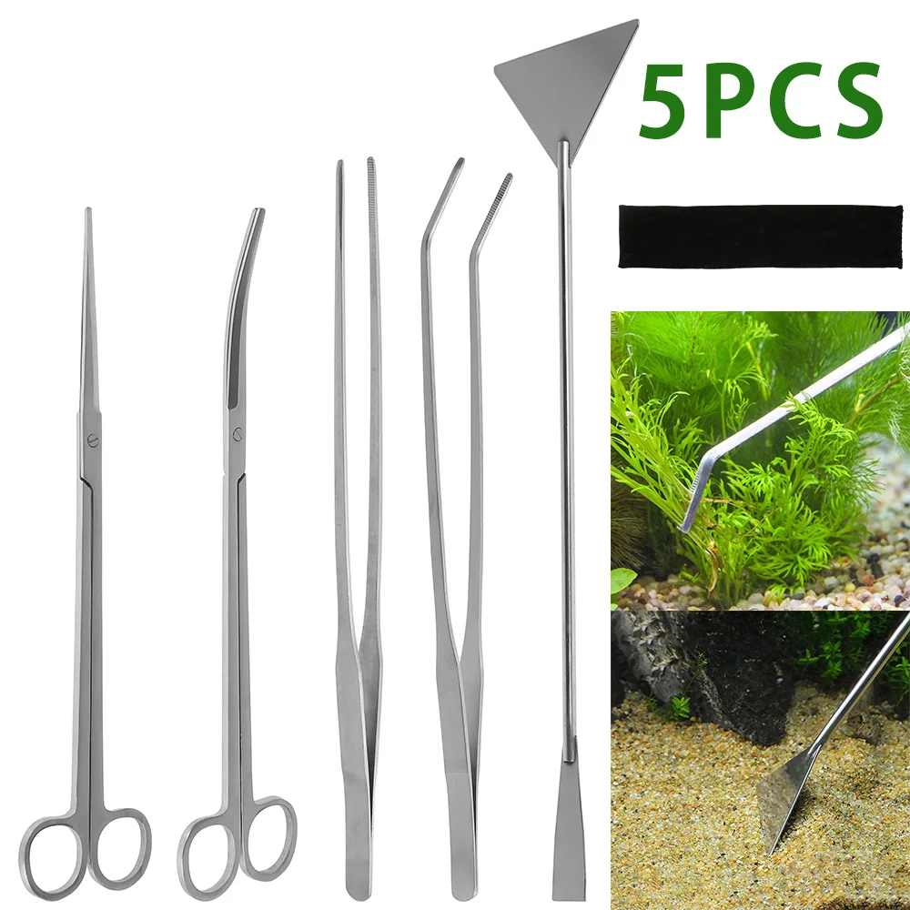 

5 Pcs Aquarium Tank Aquascaping Tools Plants Tweezers and Scissors Grass Stainless Steel Cleaning Tools for Aquarium Maintenance