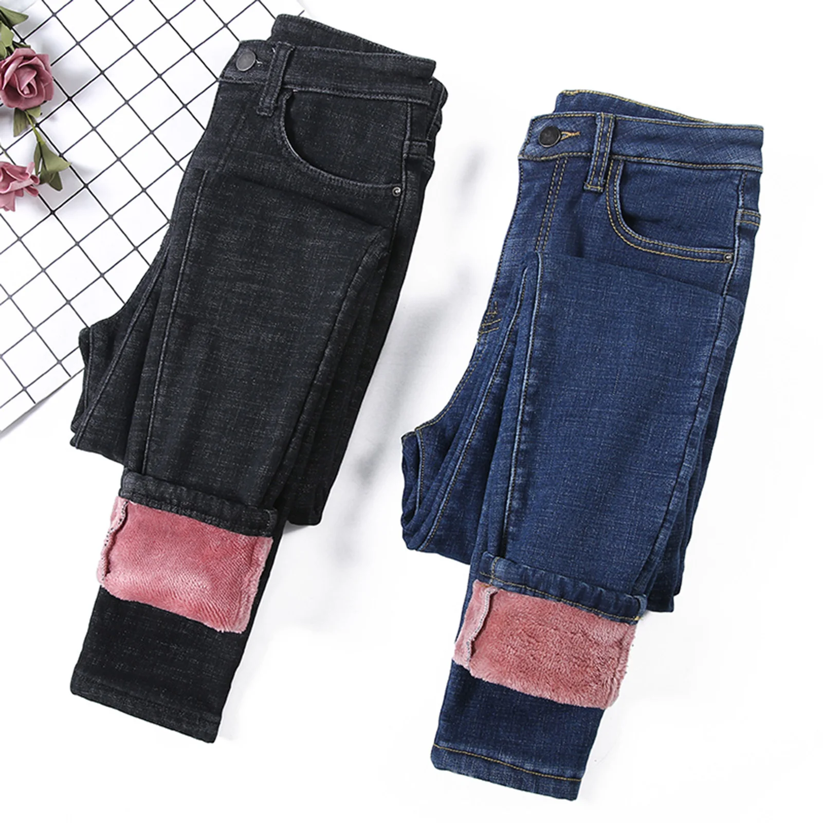 

Women's Fleece Lined Jeans Comfortable Warm Stretchy Skinny Pants Fashionable High Waist Trousers-WT