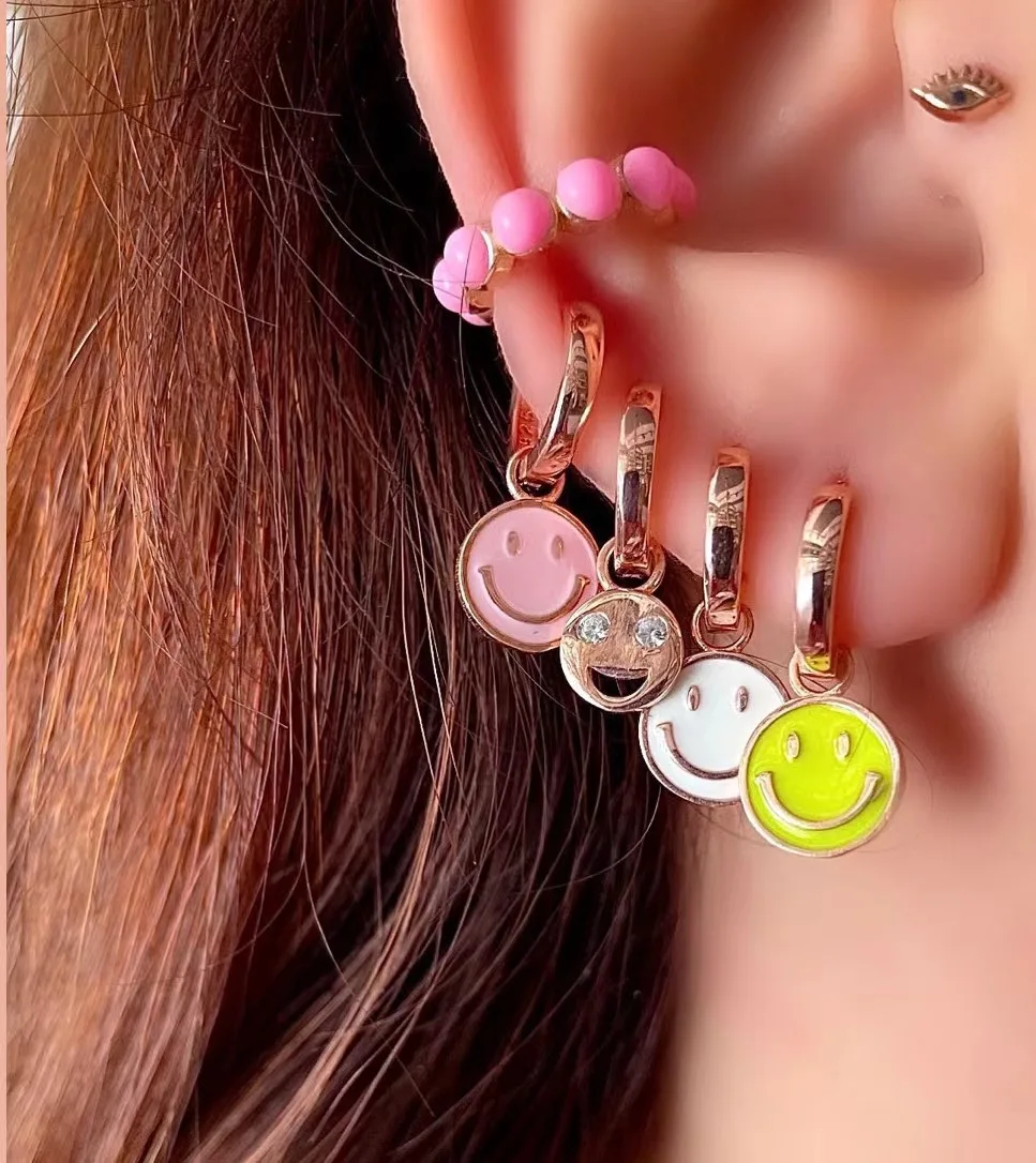 

5Pairs Lovely Girl Women Cute Smiling Face Enamel Pendientes Small Huggie Dangle Earrings Fine Jewelry Gift