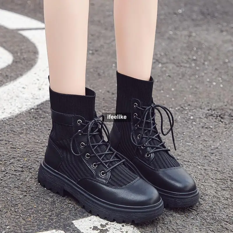

2021 women's boots spring Women Sneakers fashion black leather platform boots punk fighting women mid-boots snow boots