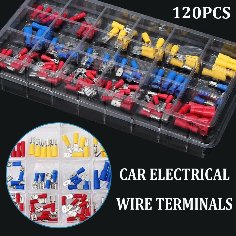 

120PCS Car Electrical Wire Terminals Insulated Crimp Connectors Spade Set Kit UK 0.4-1mm 1.1-2.6mm 2.5-6.5mm For Cars Vans Motor