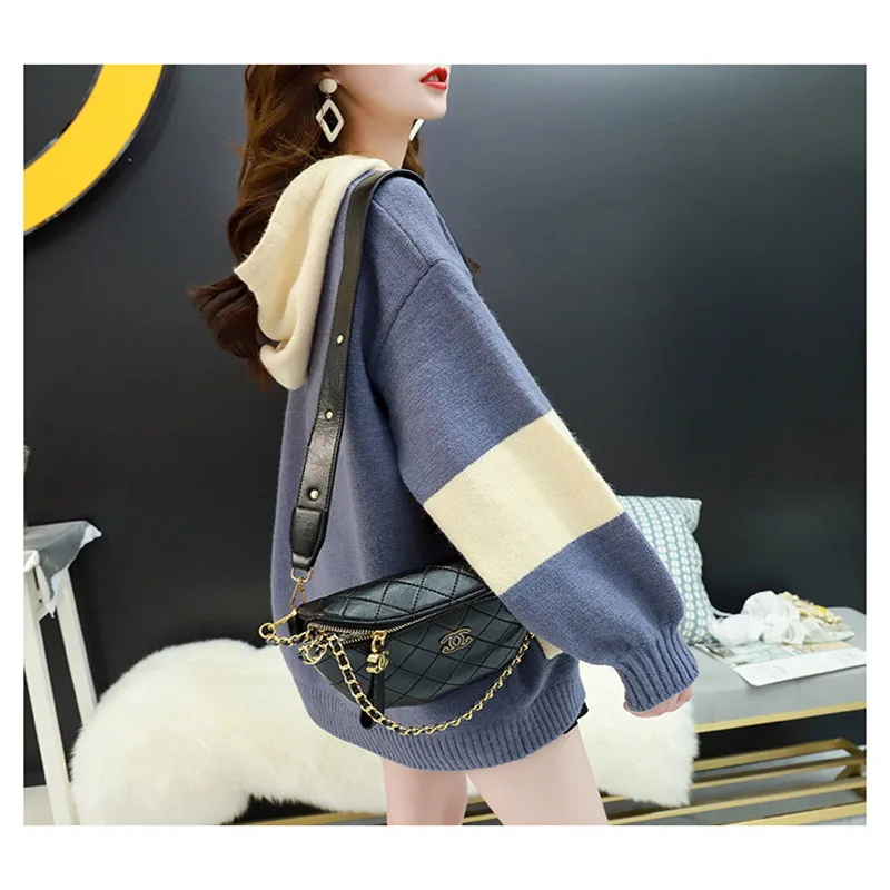 

New Patchwork Color Sweater Women Autumn Winter Knitted Sweater Pullovers Lady 2020 Fashion Loose Pull Femme Pockets M294