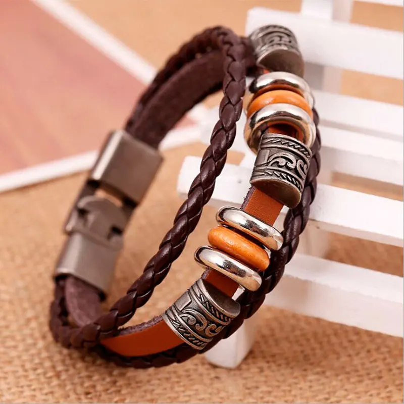 Mens Leather Bracelet Bangles For Men Cowhide Braided Alloy Beads Multi Layer Wrap Charm Cuff Bracelets man pulseras para hombre