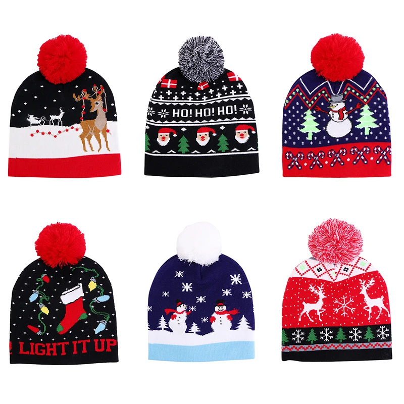 

Christmas Cartoon Patteren Knitted Beanie Unisex Snowflake Santa Elk Pom Pom Knitted Hat Christmas Gift Winter Warm Hat