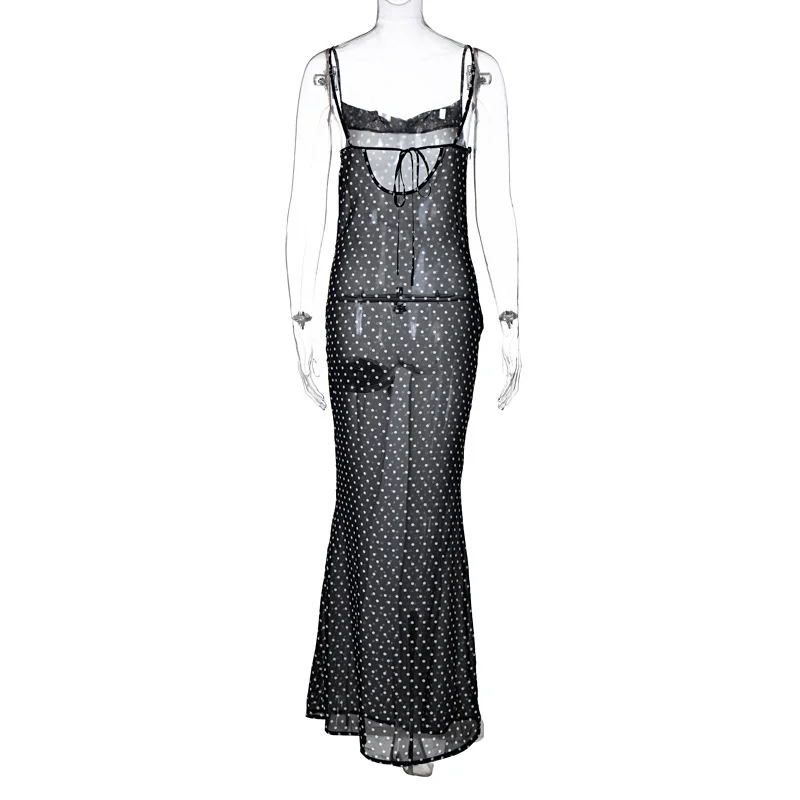 

Woman Summer Dress Polka Dot Mesh See Through Backless Lace up Long Dresses Ladies Sexy Casual Beach Party Black Robe